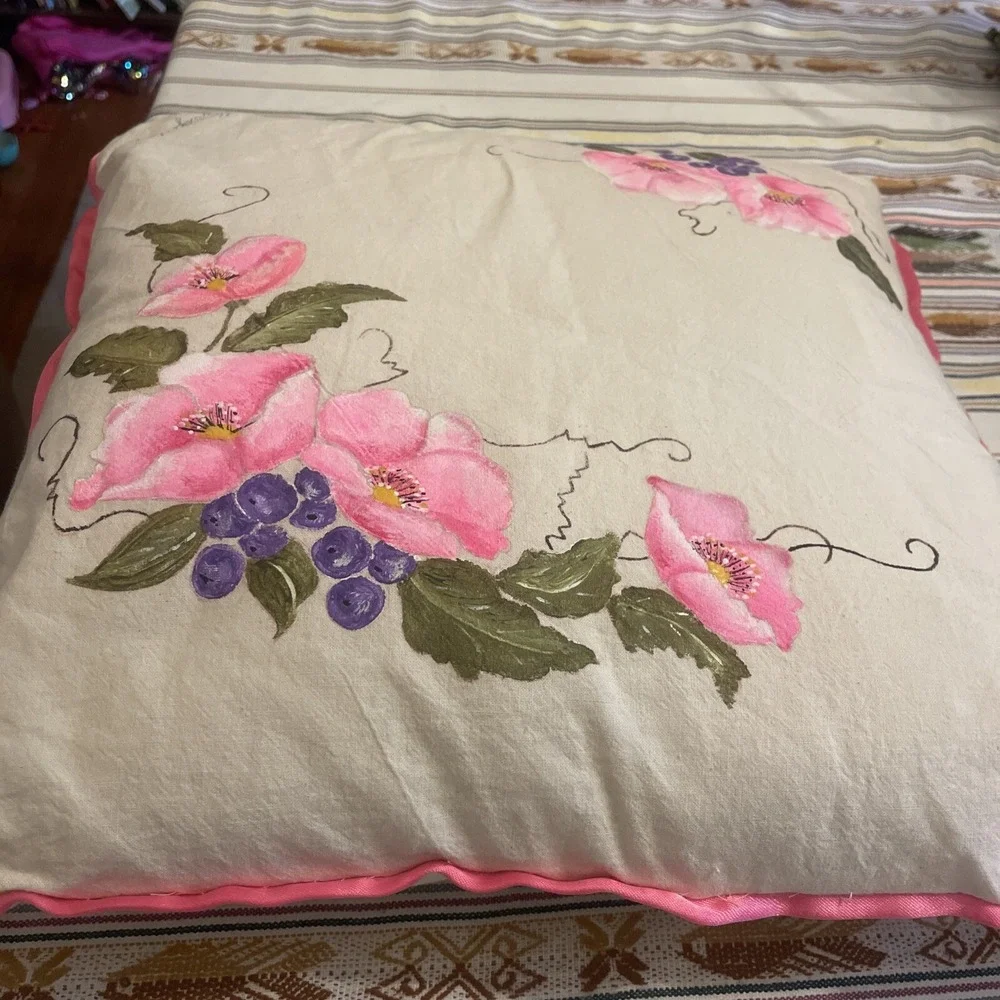 Hand Painted Pink Floral Pillow Case (pink Satin Trim) W/ Pillow‎ From Argentina